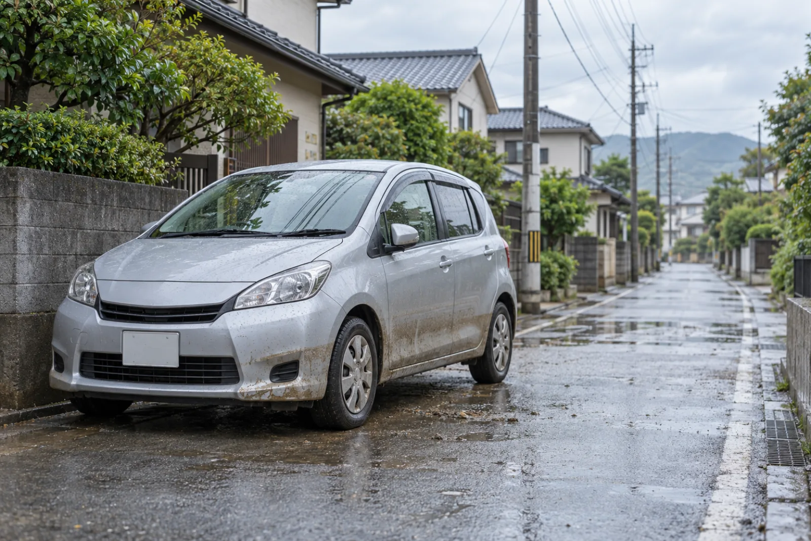 大雨時の名古屋市内を想定した日本の道路と車
