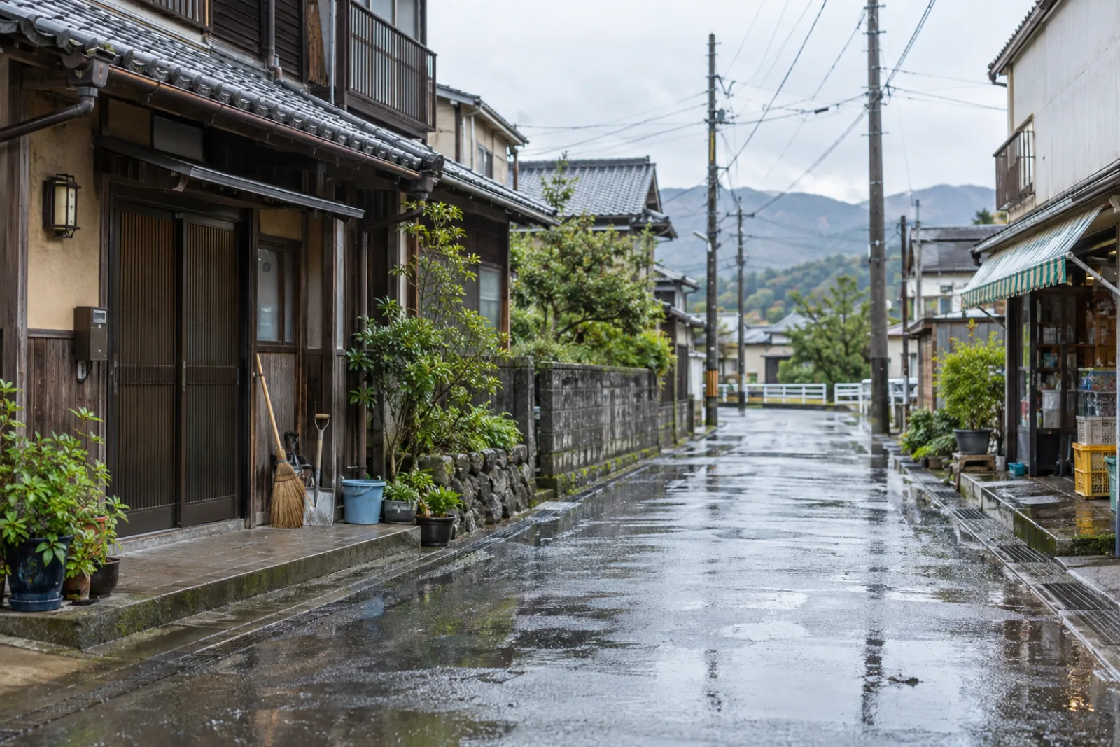 雨上がりの日本の住宅と店舗が並ぶ通り
