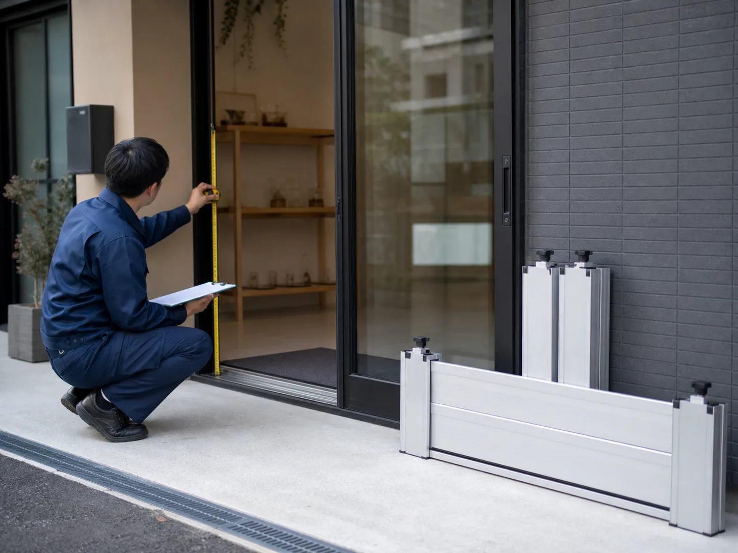 建物入口の寸法を確認する現地調査のイメージ